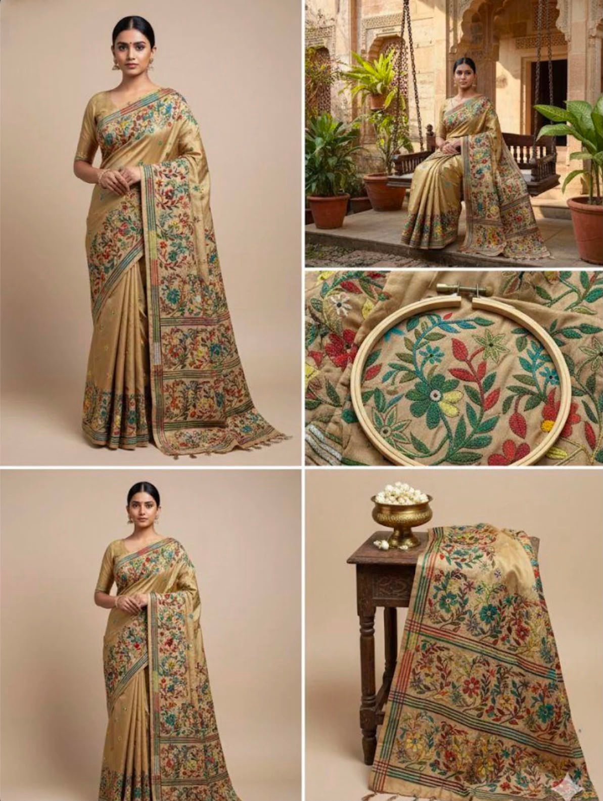 Olive Green Printed Straight Saree Set