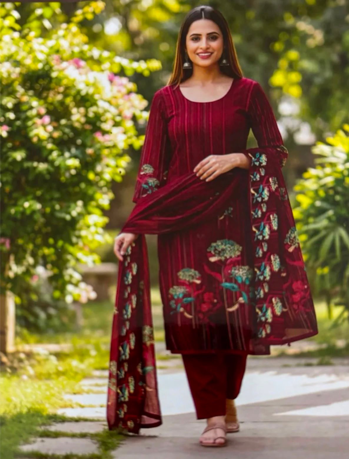 Maroon Embroidered Anarkali Kurti Set