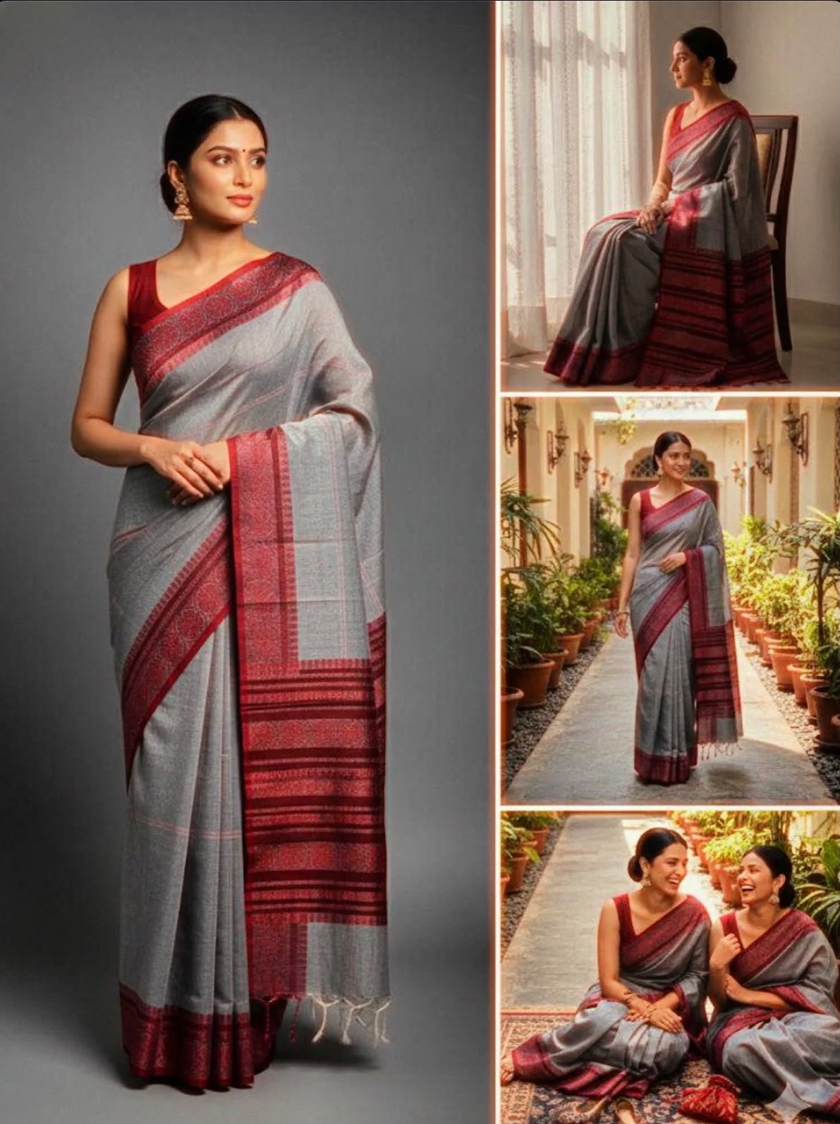 Elegant Grey Cotton Handloom Saree with Red Border